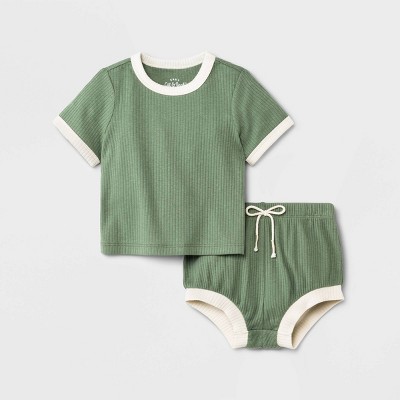 Baby 2pc Ribbed Top & Bottom Set - Cat & Jack™ Olive Green 3-6M