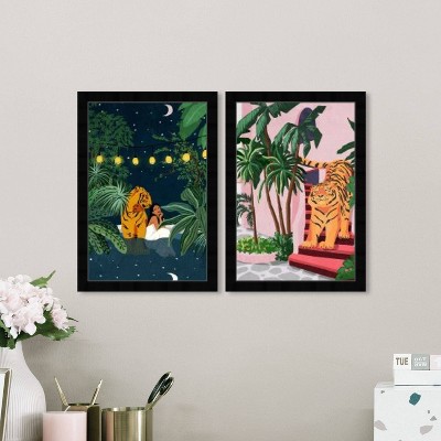 15" x 21" (Set of 2) Boho Tiger Framed Wall Art Prints Green - Wynwood Studio: Modern Aesthetic Animal Digital Art, Black Frame