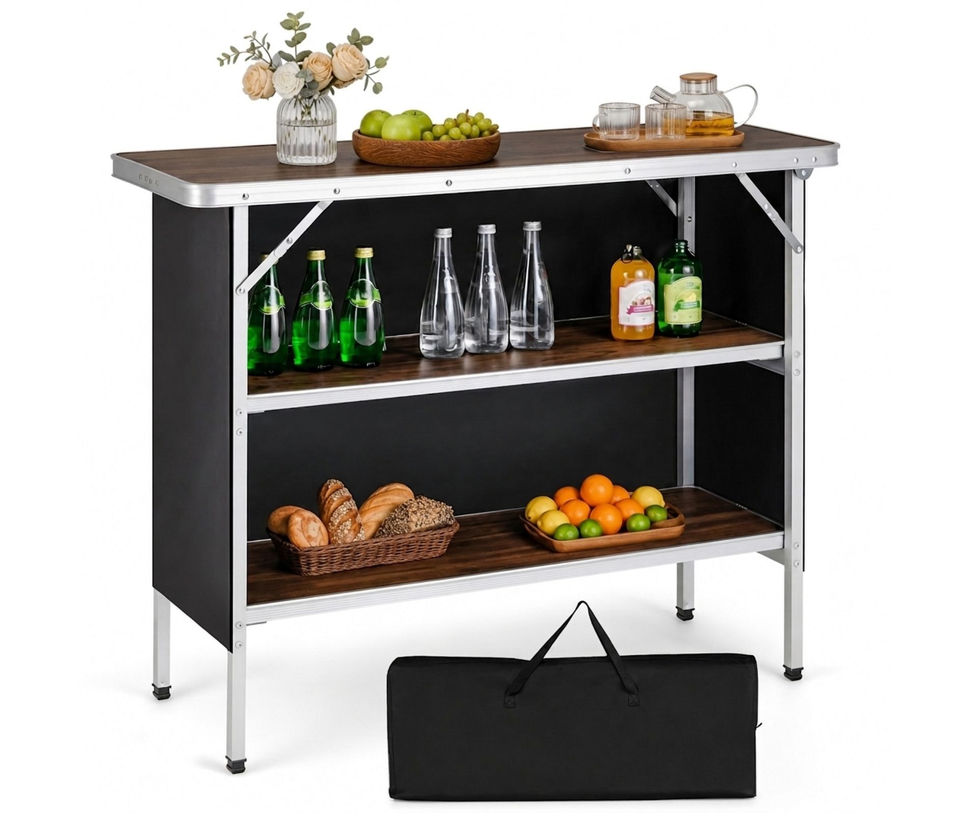 Folding Camping Table with 2-Tier Shelves for Outdoor Grill Prep, 43.5 Inch, Coffee