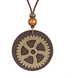 Leather and Wood Necklace Chunky Circle Pendant Boho Jewelry for Women - 1 of 4