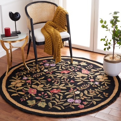 Black Floral Hand Hooked Wool Round Rug, 8'