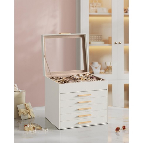 Jewelry Box with Glass Lid, 6-Layer Jewelry Organizer, 5 Drawers, for Big and Small Jewelry, Jewelry Storage, 8 x 9.1 x 9 Inches, Cloud White - image 1 of 4