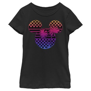 Girl's Disney Mickey Mouse Neon Palm Trees Silhouette T-Shirt - 1 of 4