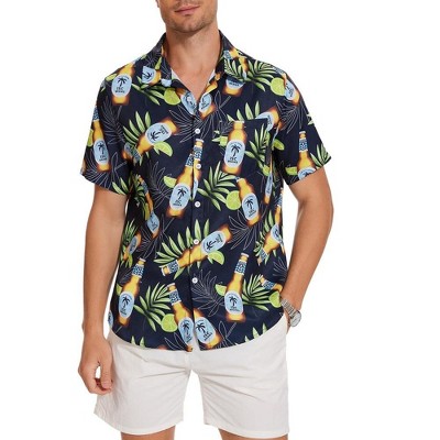 Men's Hawaiian Shirt Short Sleeve Linen Button Down Shirts Casual Floral Printed Beach Shirts with Pocket