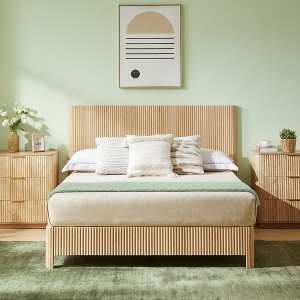 Sapphtopaz Wooden Queen Size Bed Frame with Corrugated Curved Lines Platform Bed with Headboard & Iron Frame for Bedroom,No Box Spring Needed - 1 of 4
