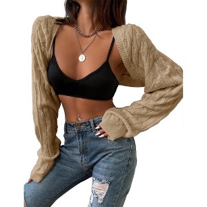 Women's Open Front Knit Cropped Cardigan Loose Fit Long Sleeve Drop Shoulder Casual Bolero Shrugs - 1 of 4