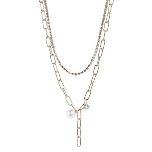 Slickblue Women's Jewelry Set, Gold Pearl Pin Link Chain With Rhinestone, 2-Piece Necklace, Layered Style, Gold - 1 of 4