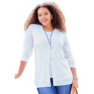Catherines Women's Plus Size Pointelle V-Neck Cardigan - 1 of 4