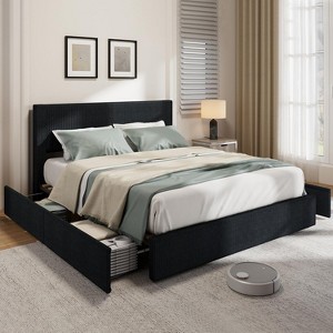Full/Queen/King Size Platform Bed Frame – Corduroy Channel Tufted Headboard, 4 Storage Drawers, Strong Wooden Slats, No Box Spring Needed - 1 of 4