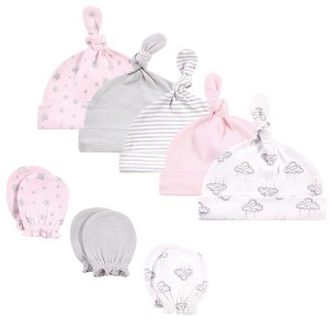 Hudson Baby Infant Boy Cotton Cap and Scratch Mitten Set, Cloud Mobile Pink, 0-6 Months - 1 of 4