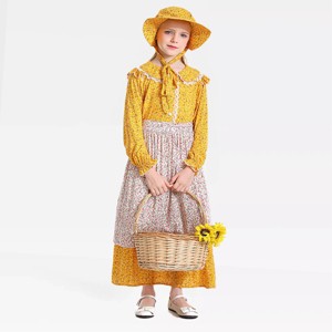 Girls Pioneer Costume Sets Colonial Village Girl 3 Piece #N/A Bonnet,Apron,Ruffle Lace Prairie Dress Sets #N/A Themed Party Outftis - 1 of 4