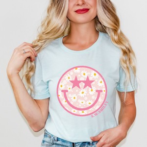 Simply Sage Market S.W.Smiley Floral Smiley Face Short Sleeve Tee - L - Ice Blue - 1 of 4