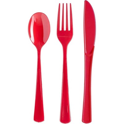 Plastic Silverware Set, Forks, Knives, Spoons (Red Glitter, 144