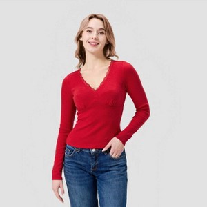 Women's Long Sleeve Lace Trim V-Neck T-Shirt - A New Day™ Red S