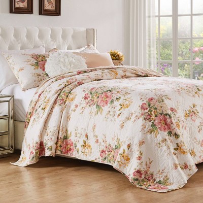 Full Pink Cotton Reversible Floral Quilt Set