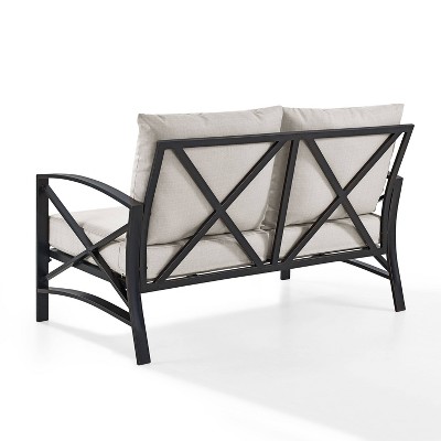 Oatmeal and Bronze Metal Outdoor Loveseat with Cushions