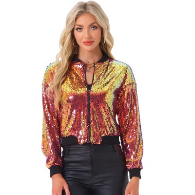 INSPIRE CHIC Women's Party Sequin Sparkle Long Sleeve Cropped Length Zipper Bomber Jacket