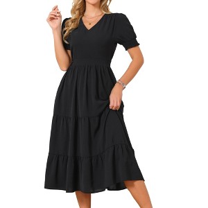 INSPIRE CHIC Women's Summer Smocked Floral Tiered Beach Flowy Boho Maxi Dress Small Black