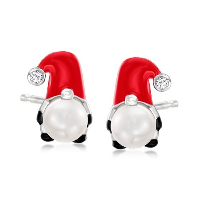 Ross-Simons 7.5-8mm Cultured Pearl and .10 ct. t.w. White Topaz Gnome Earrings With Multicolored Enamel in Sterling Silver