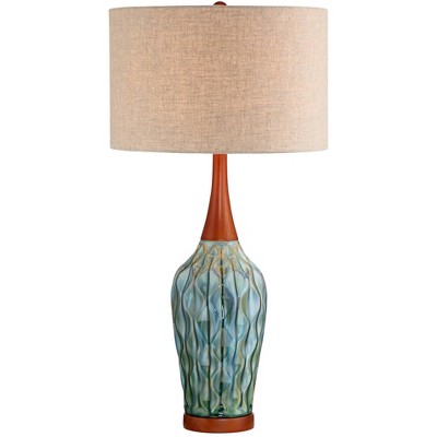 360 Lighting Mid Century Modern Table Lamp with Table Top Dimmer Blue Teal Glaze Ceramic Linen Fabric Drum for Living Room House