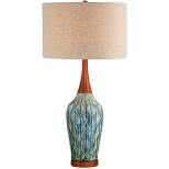 360 Lighting Rocco Modern Mid Century Table Lamp 30" Tall Blue Teal Glaze Ceramic with Table Top Dimmer Linen Fabric Drum for Bedroom Living Room Kids