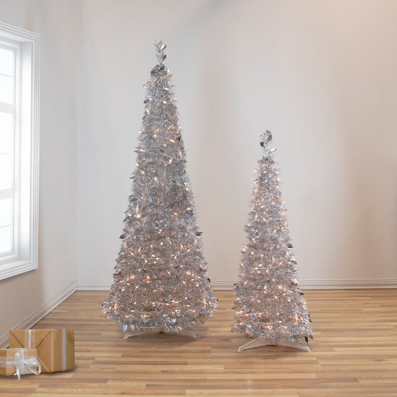 Northlight 4' Pre-Lit Silver Tinsel Pop-Up Artificial Christmas Tree, Clear Lights, 3 of 8