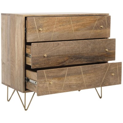 Transitional 32'' Natural Wood and Brass 3-Drawer Chest