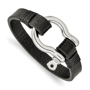 Black Bow Jewelry Stainless Steel & Black Leather Shackle Bracelet, 8.25 Inch - 1 of 4