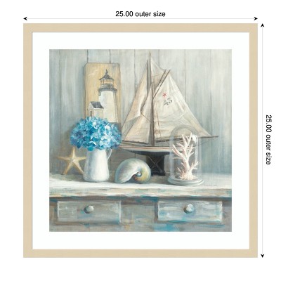 Coastal Nautical Still Life Lithograph in Wood Frame, 25 x 25