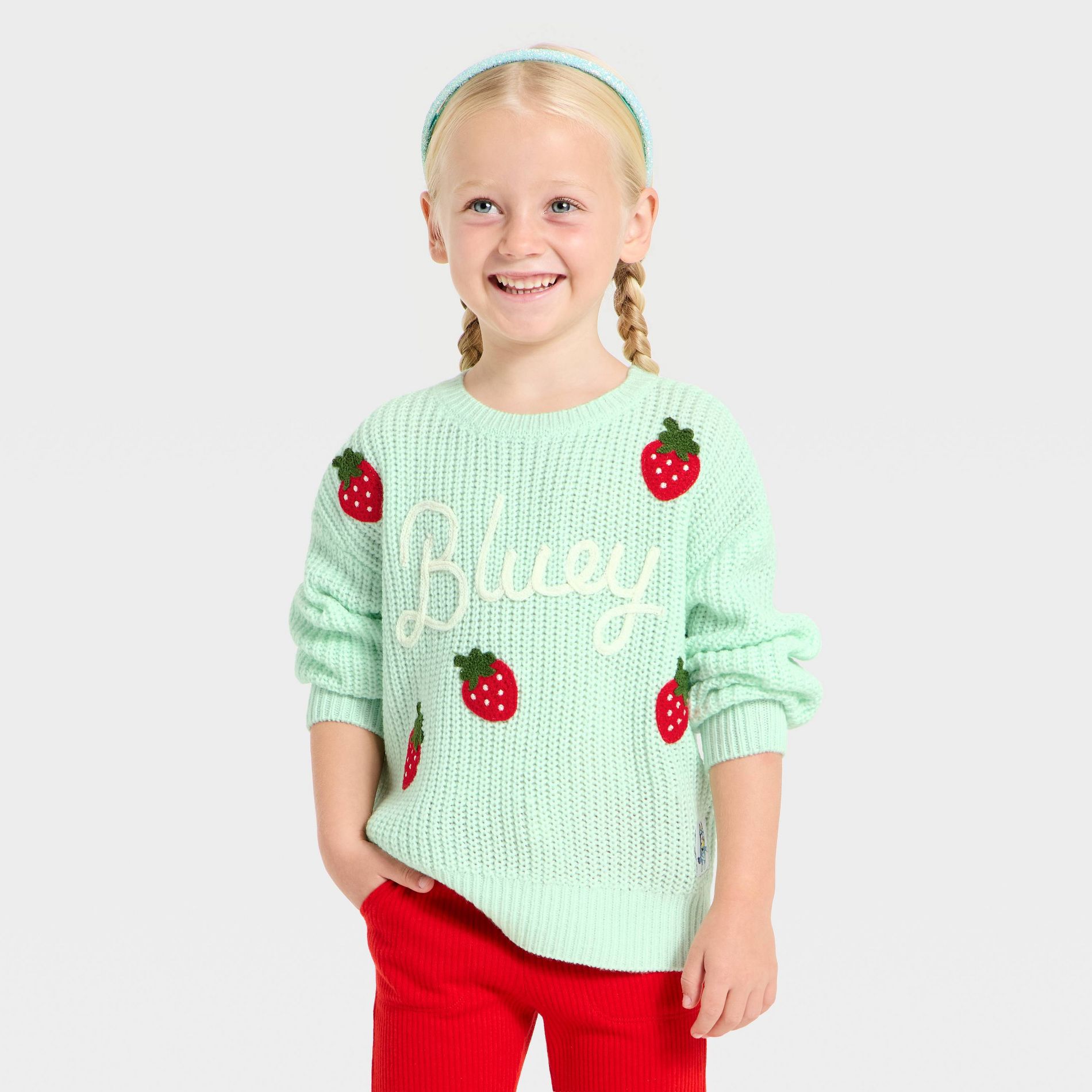 Toddler Girls' Bluey Strawberry Chunky Knit Sweater - Mint Green