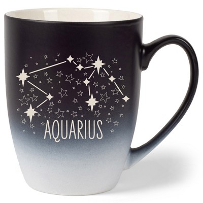 100 North Zodiac Design 10 Ounce Black and White Two Toned Ombre, Comfortably Fits Your Hands, Ceramic Tea Coffee Cup Mug, Aquarius