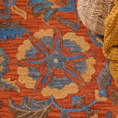 Rust and Blue Floral Wool Runner Rug