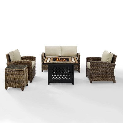 Bradenton 5pc Outdoor Wicker Conversation Set with Fire Table - Sand - Crosley