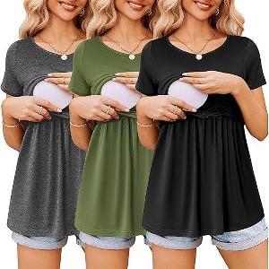 Ekouaer Womens Nursing Tops 3 Packs Short Sleeve Breastfeeding Shirts Double Layer Postpartum Shirt Nursing Shirts - 1 of 4