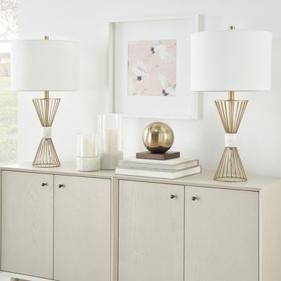 Gold Metal and Marble Wire Triangle Table Lamp with Drum Shade