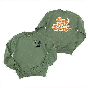 Simply Sage Market Women's Graphic Sweatshirt Bad To The Bone Hand / Two Dancing Skeltons Front and Back - 1 of 4