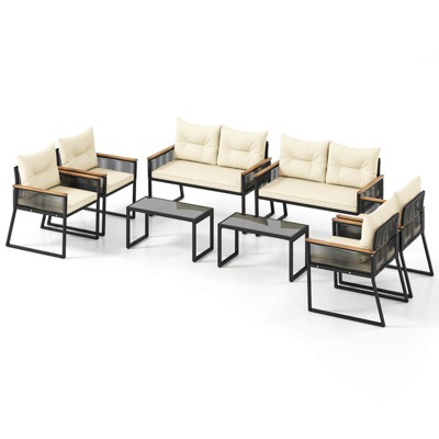 Tangkula Set Of 8 Patio Wicker Furniture Set Heavy Duty Outdoor Cushioned Conversation Set with Tempered Glass Coffee Table Off White