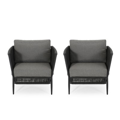 GDFStudio Sefora Outdoor Aluminum and Rope Club Chairs with Cushions (Set of 2), Black/Gray