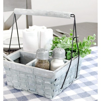 Gray Washed Wood 4-Compartment Basket Caddy with Handle