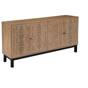 HomeRoots 80" Brown Solid Wood Carved Geometric Sideboard with Four Doors - 1 of 4