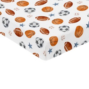 Sweet Jojo Designs Baby Boy Fitted 100% Cotton Muslin Crib Sheet Watercolor Sports Theme Blue Brown and Orange - 1 of 4