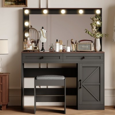 GlasFlength Makeup Vanity Table Set with Large Mirror, Girls Women Bedroom Square Mirror Stored Drawer Cabinets with Stool, Black 53.9" H