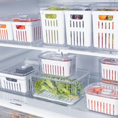 OU Fridge Organizer Bin with Drain Basket & Vented Lid, 5.3qt Clear Stackable Refrigerator Storage Bin, Produce Kitchen Storage Container, BPA Free — фото 4