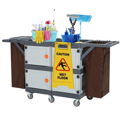 Janitorial Cart Cleaning Cart Heavy Duty 220LBS Capacity w/6 Silent Wheels & Storage Bags for Hotel Housekeeping Commercial Use