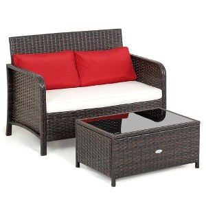 Tangkula 2PCS Patio PE Wicker Rattan Loveseat Sofa Set w/ Coffee Table & Cushions - 1 of 4