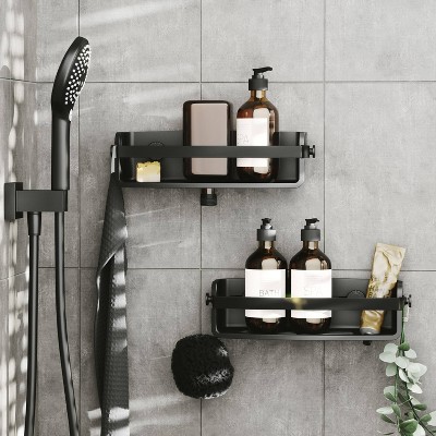 Black Plastic Suction Mount Shower Caddy with Adhesive Strips