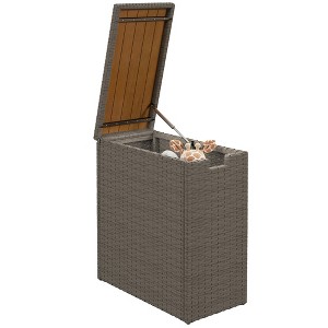 Outsunny 17-Gallon Small Deck Box, UV Resistant Wicker Outdoor Storage Box with Slatted Acacia Wood Top for Patio Cushions and Garden Tools, Teak - 1 of 4