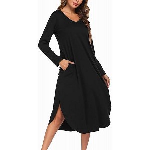 Ekouaer Womens Nightgown V Neck Nightshirts Long Sleeve Sleepwear with Pockets - 1 of 4