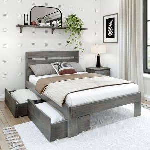 Plank+Beam Solid Wood Farmhouse Full Platform Bed Frame with Plank Headboard and Storage Drawers - 1 of 2