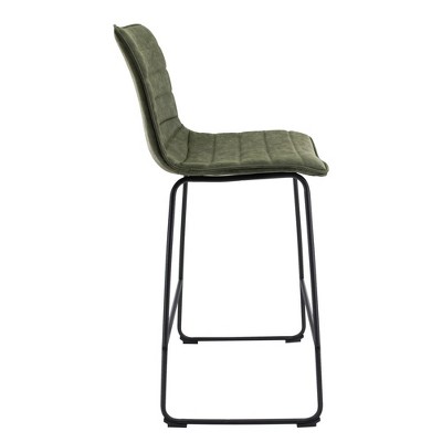 Olive Green Leather and Black Iron Bar Stool Set of 2